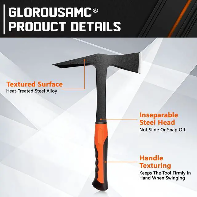 Alt view image 6 of 7 - Forged Brick Hammer - 28oz Masonry Hammer, Geologist Rock Pick with Pointed Tip, Heavy Duty Bricklayer & Mason Tool with Forged Steel Construction & Shock Reduction handle (flat & axe)