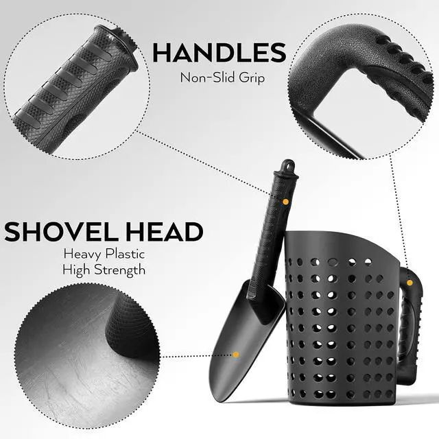 Alt view image 2 of 6 - Sand Scoop & Shovel, Detecting Accessories for Kid & Adult Metal Detector, Sand Sifter Treasure Hunting & Digging Tool at The Beach & More, Black - Come with Mesh Bag