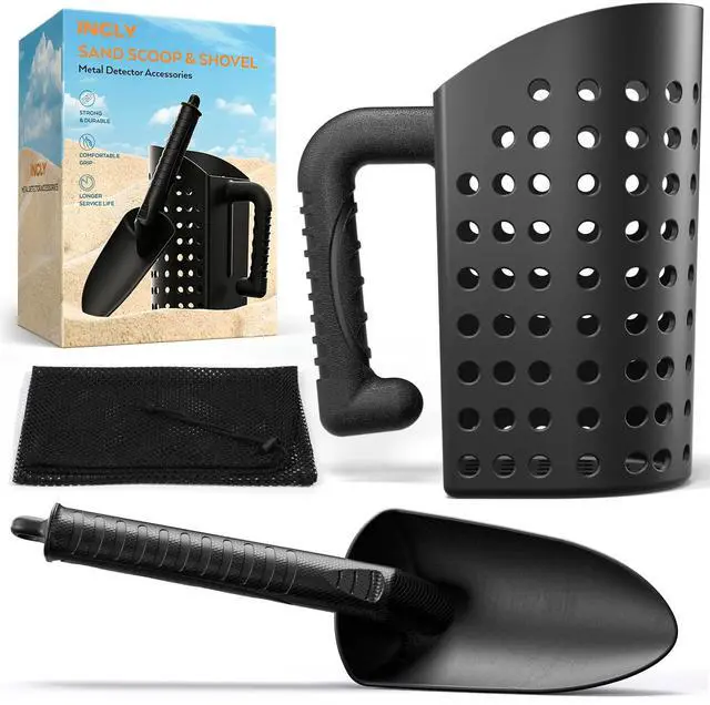 Main image of Sand Scoop & Shovel, Detecting Accessories for Kid & Adult Metal Detector, Sand Sifter Treasure Hunting & Digging Tool at The Beach & More, Black - Come with Mesh Bag