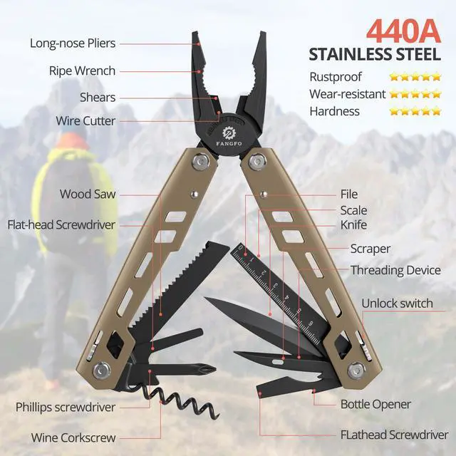 Alt view image 2 of 7 - Multitool 17-in-1 Stainless Steel Multi Tool with Pocket Knife Needle Nose Pliers Bottle Opener Screwdriver Self-Locking Professional Multi-Tool for Outdoor Survival Gifts for Men(Brown)