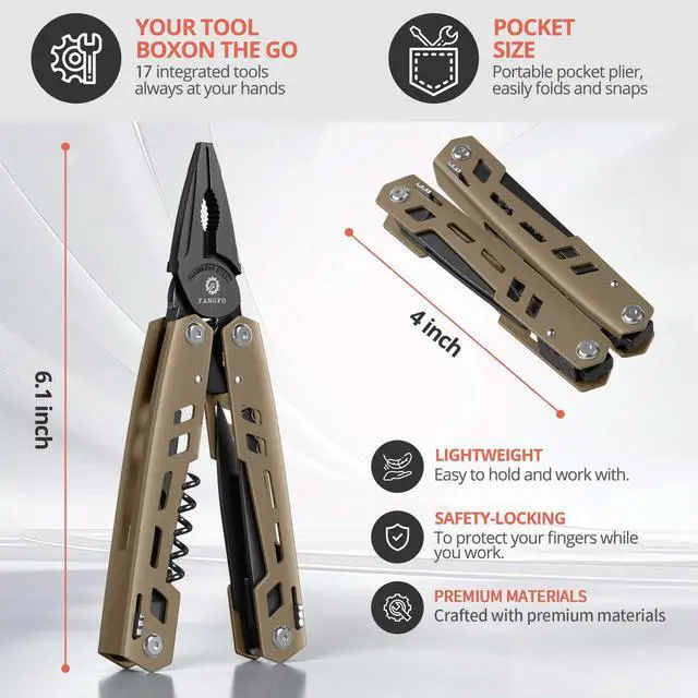 Alt view image 3 of 7 - Multitool 17-in-1 Stainless Steel Multi Tool with Pocket Knife Needle Nose Pliers Bottle Opener Screwdriver Self-Locking Professional Multi-Tool for Outdoor Survival Gifts for Men(Brown)