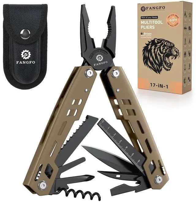 Main image of Multitool 17-in-1 Stainless Steel Multi Tool with Pocket Knife Needle Nose Pliers Bottle Opener Screwdriver Self-Locking Professional Multi-Tool for Outdoor Survival Gifts for Men(Brown)