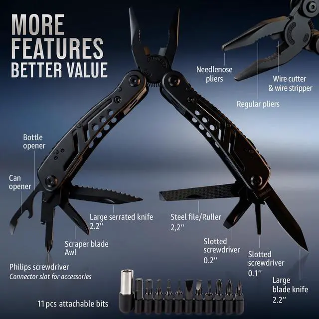 Alt view image 3 of 7 - 24-in-1 Multitool with Knife, Pliers & 11 Magnetic Bits - Black Stainless Steel Multi Tool for Camping, Hiking, EDC - Gift for Men 2238B