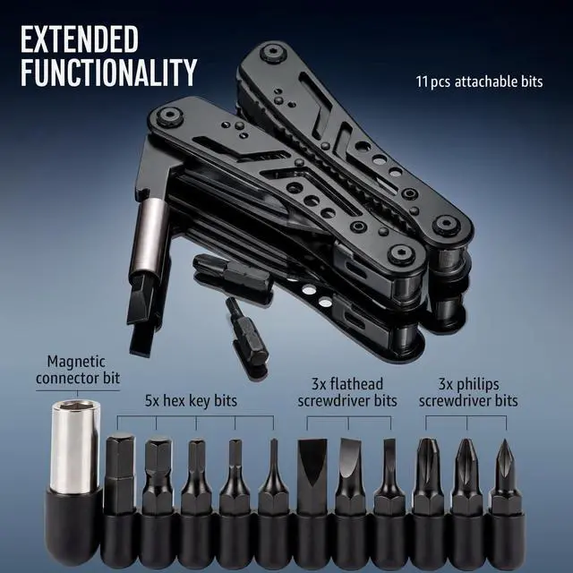 Alt view image 4 of 7 - 24-in-1 Multitool with Knife, Pliers & 11 Magnetic Bits - Black Stainless Steel Multi Tool for Camping, Hiking, EDC - Gift for Men 2238B