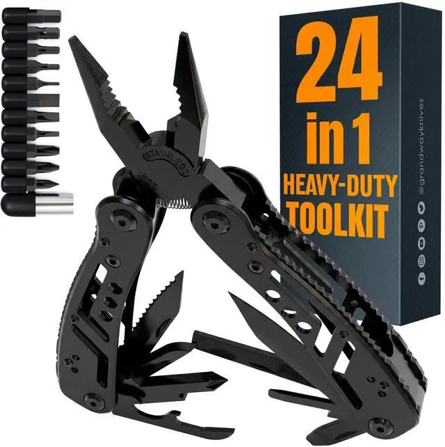 Main image of 24-in-1 Multitool with Knife, Pliers & 11 Magnetic Bits - Black Stainless Steel Multi Tool for Camping, Hiking, EDC - Gift for Men 2238B