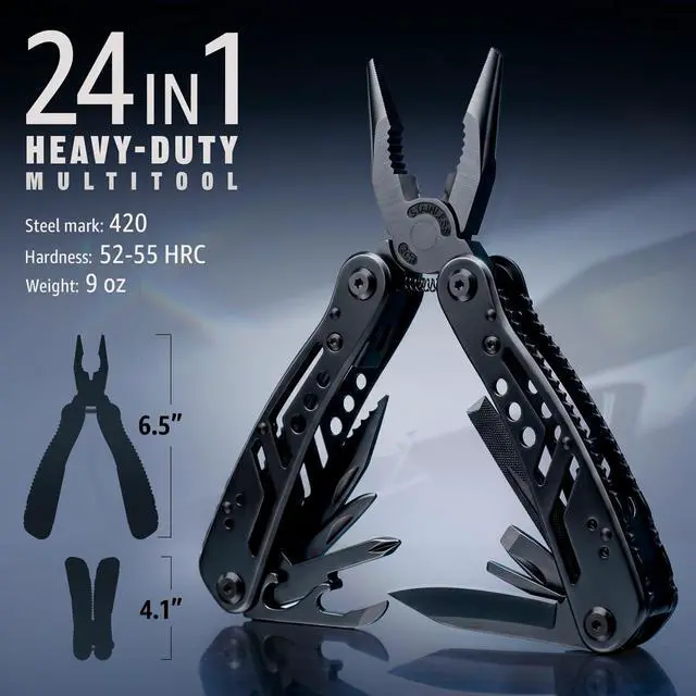 Alt view image 5 of 7 - 24-in-1 Multitool with Knife, Pliers & 11 Magnetic Bits - Black Stainless Steel Multi Tool for Camping, Hiking, EDC - Gift for Men 2238B