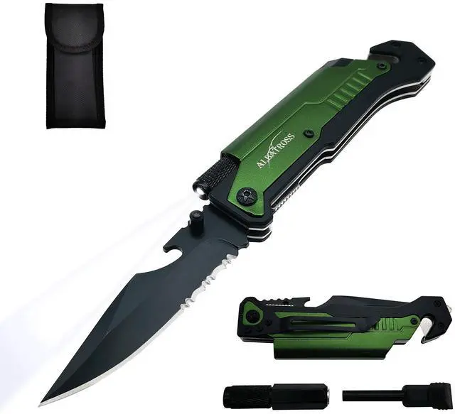 Main image of Professional 6-in-1 Tactical Folding Pocket Knife, Green