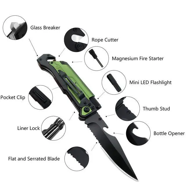 Alt view image 2 of 7 - Professional 6-in-1 Tactical Folding Pocket Knife, Green