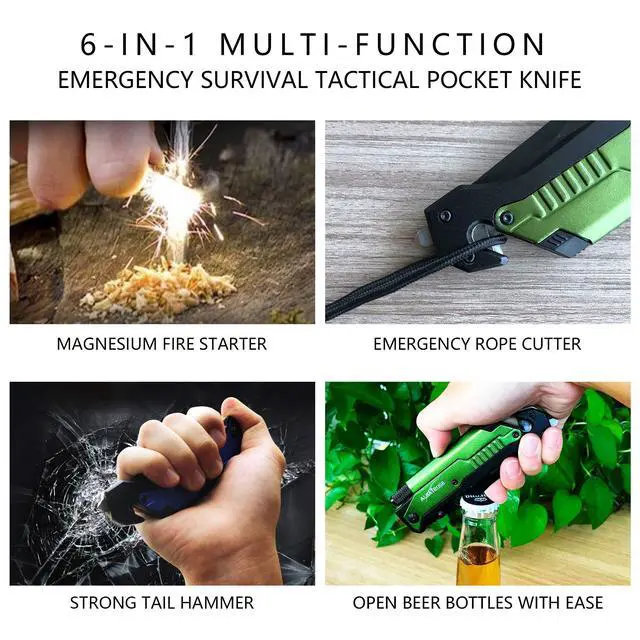 Alt view image 3 of 7 - Professional 6-in-1 Tactical Folding Pocket Knife, Green