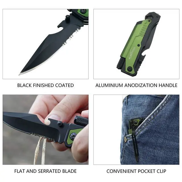 Alt view image 4 of 7 - Professional 6-in-1 Tactical Folding Pocket Knife, Green