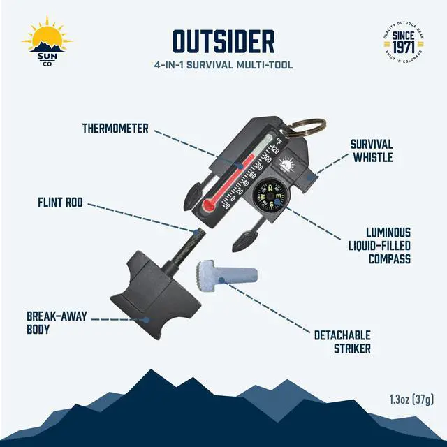Alt view image 7 of 7 - Outsider - 4-in-1 Survival Multi-Tool | Compass, Thermometer, Whistle, and Fire Starter in a Compact Zipper Pull | Outdoor Gadget for Backpacking, Camping, or Survival Situations