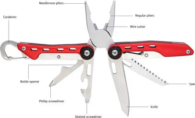 Alt view image 6 of 6 - 10-in-1 Stainless Steel Multitool for Hiking and Survival Gear with Needlenose Pliers, Wire Cutter, Saw, Safety Lock, Nylon Sheath, Red