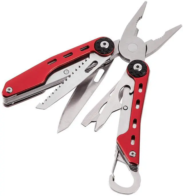 Alt view image 2 of 6 - 10-in-1 Stainless Steel Multitool for Hiking and Survival Gear with Needlenose Pliers, Wire Cutter, Saw, Safety Lock, Nylon Sheath, Red
