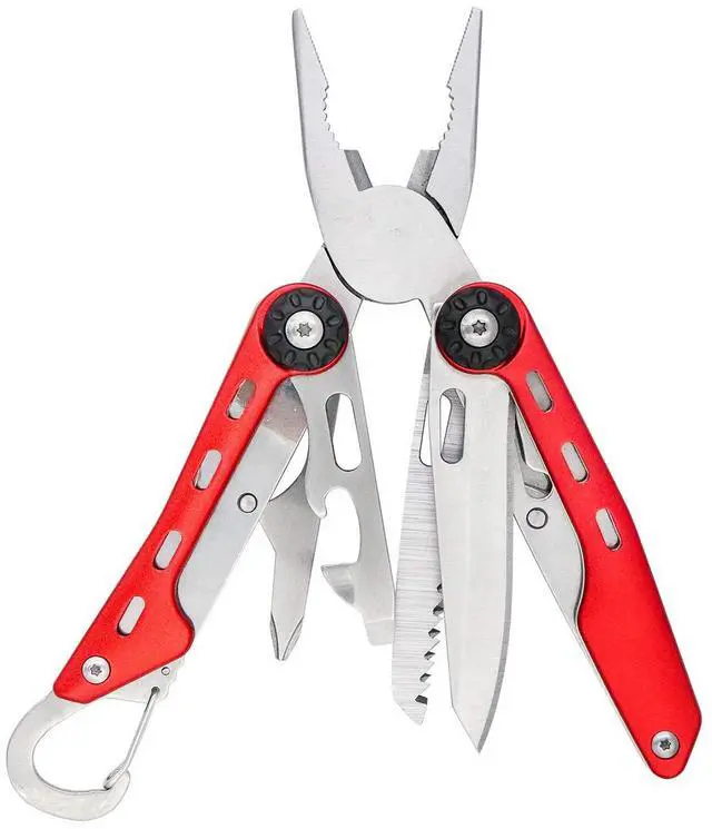 Main image of 10-in-1 Stainless Steel Multitool for Hiking and Survival Gear with Needlenose Pliers, Wire Cutter, Saw, Safety Lock, Nylon Sheath, Red