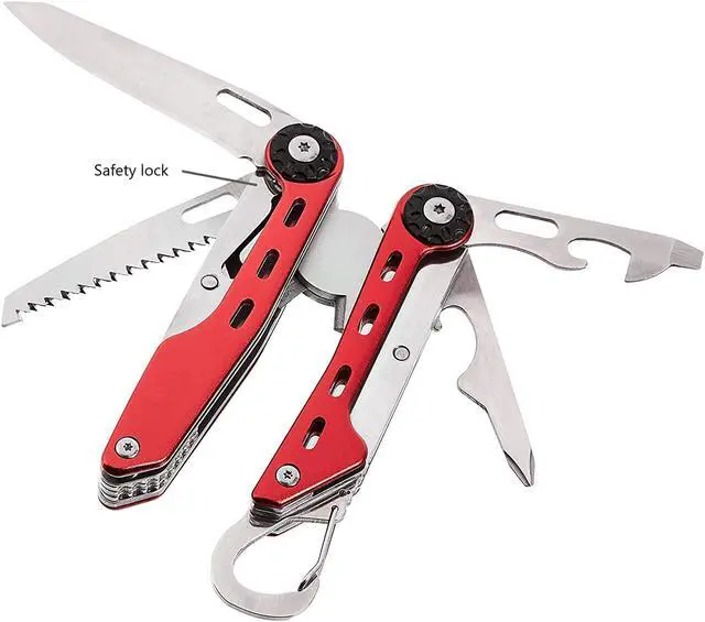 Alt view image 3 of 6 - 10-in-1 Stainless Steel Multitool for Hiking and Survival Gear with Needlenose Pliers, Wire Cutter, Saw, Safety Lock, Nylon Sheath, Red