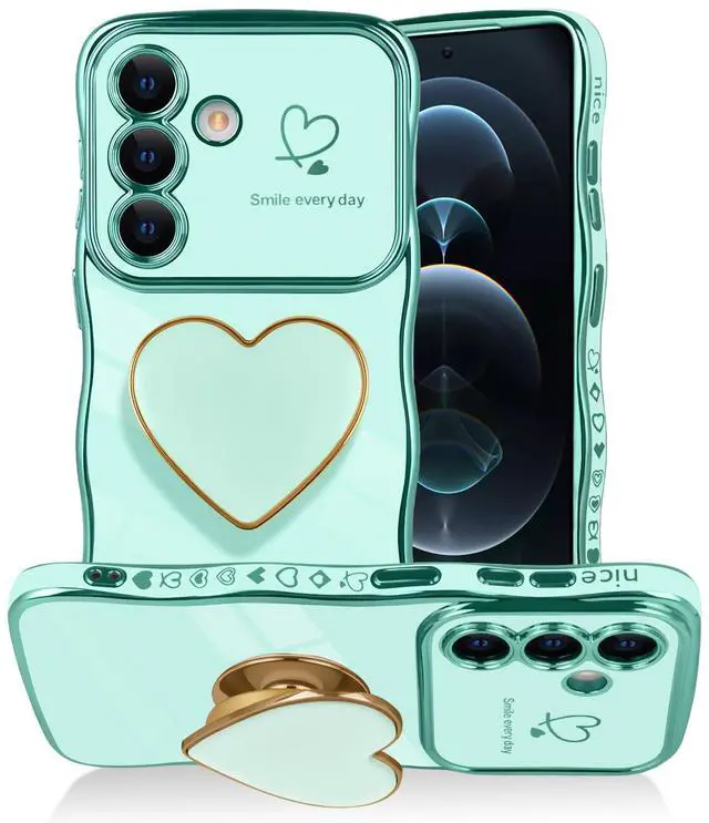 Main image of for Samsung Galaxy S26 Love-Heart Holder Case Cute Green Luxury Wave Frame Curly Shape with Love Heart Kickstand Case Plating Soft Shockproof Bumper TPU Protective Cover for Women Girls