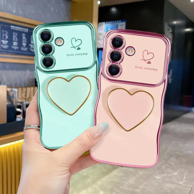 Alt view image 2 of 7 - for Samsung Galaxy S26 Love-Heart Holder Case Cute Green Luxury Wave Frame Curly Shape with Love Heart Kickstand Case Plating Soft Shockproof Bumper TPU Protective Cover for Women Girls