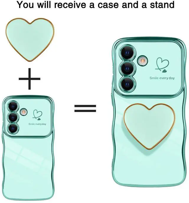 Alt view image 6 of 7 - for Samsung Galaxy S26 Love-Heart Holder Case Cute Green Luxury Wave Frame Curly Shape with Love Heart Kickstand Case Plating Soft Shockproof Bumper TPU Protective Cover for Women Girls