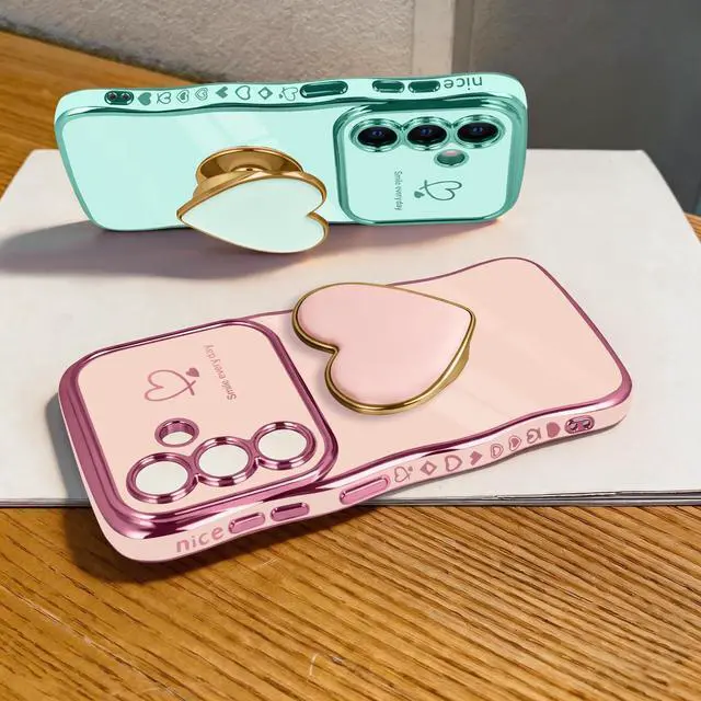 Alt view image 5 of 7 - for Samsung Galaxy S26 Love-Heart Holder Case Cute Green Luxury Wave Frame Curly Shape with Love Heart Kickstand Case Plating Soft Shockproof Bumper TPU Protective Cover for Women Girls
