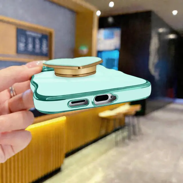 Alt view image 4 of 7 - for Samsung Galaxy S26 Love-Heart Holder Case Cute Green Luxury Wave Frame Curly Shape with Love Heart Kickstand Case Plating Soft Shockproof Bumper TPU Protective Cover for Women Girls