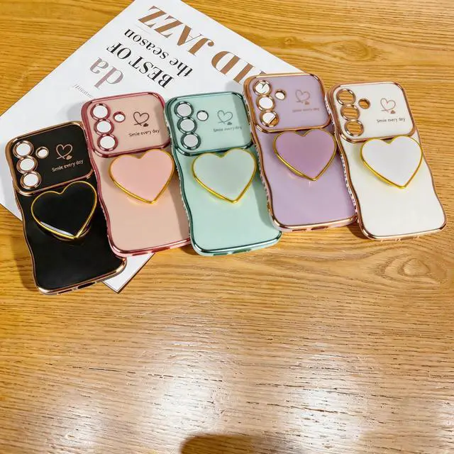 Alt view image 7 of 7 - for Samsung Galaxy S26 Love-Heart Holder Case Cute Green Luxury Wave Frame Curly Shape with Love Heart Kickstand Case Plating Soft Shockproof Bumper TPU Protective Cover for Women Girls