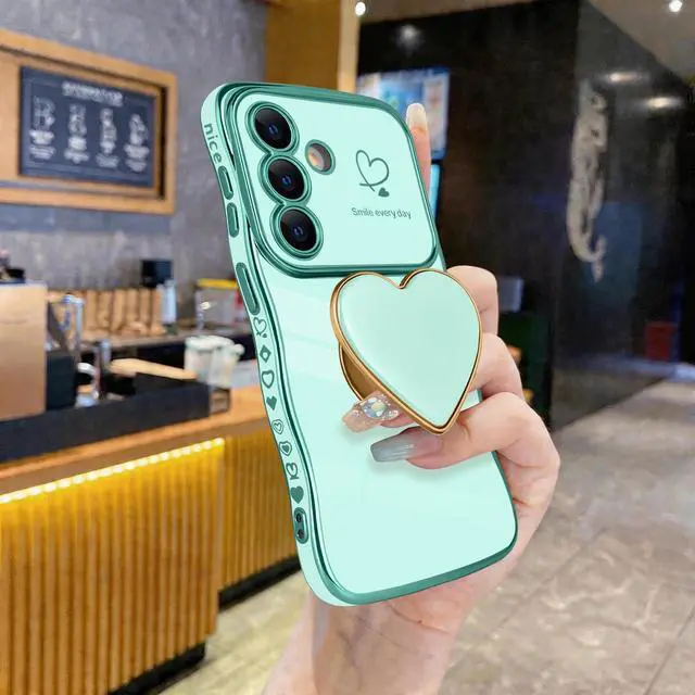 Alt view image 3 of 7 - for Samsung Galaxy S26 Love-Heart Holder Case Cute Green Luxury Wave Frame Curly Shape with Love Heart Kickstand Case Plating Soft Shockproof Bumper TPU Protective Cover for Women Girls