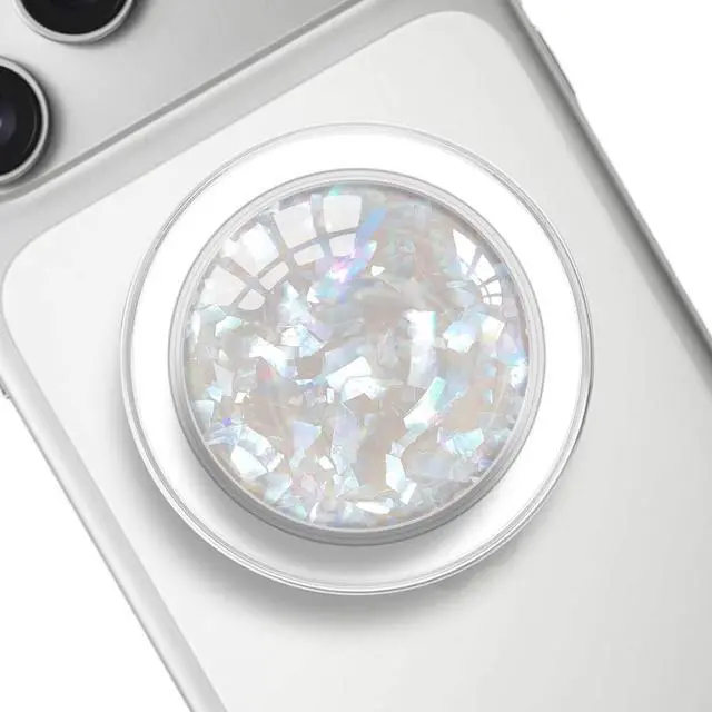 Main image of Clear Crystal Natural Sea Shell Mother of Pearl Transparent Magnetic Phone Grip Compatible with MagsafeCollapsible Mobile Phones Stand Holder for Smartphone Tablet - White Small Fragments