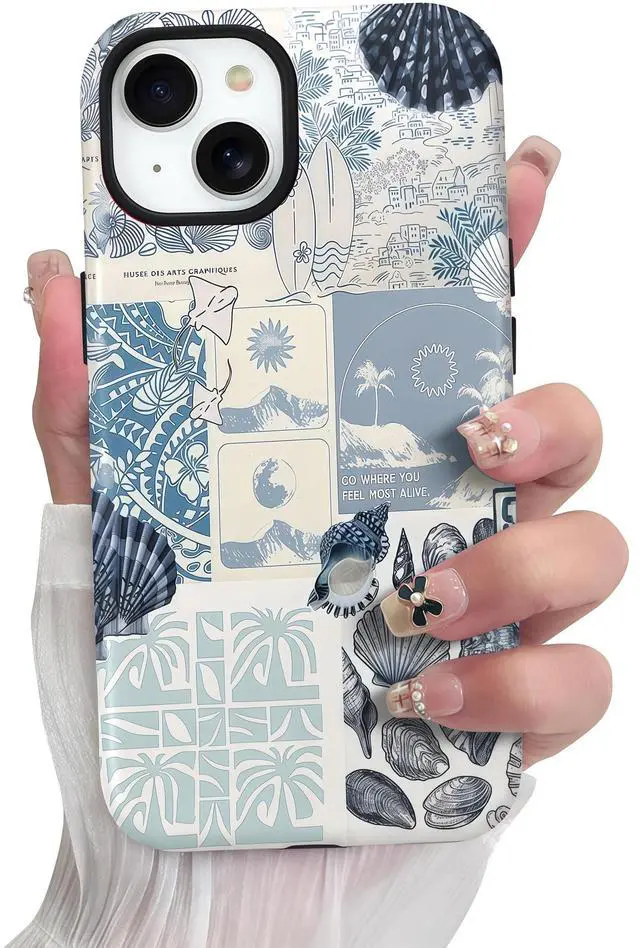 Alt view image 2 of 7 - Cases for iPhone 13, Blue Sea Shell Coast Collage Aesthetic Phone Cover, Scratch Resistant Hybrid 2-Layer Hard Shell Phone Case