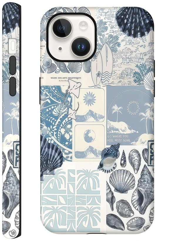Main image of Cases for iPhone 13, Blue Sea Shell Coast Collage Aesthetic Phone Cover, Scratch Resistant Hybrid 2-Layer Hard Shell Phone Case
