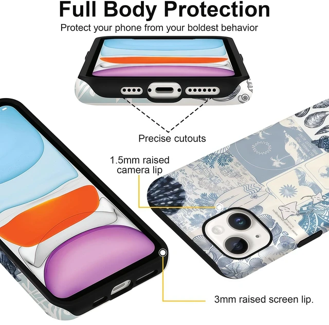 Alt view image 4 of 7 - Cases for iPhone 13, Blue Sea Shell Coast Collage Aesthetic Phone Cover, Scratch Resistant Hybrid 2-Layer Hard Shell Phone Case