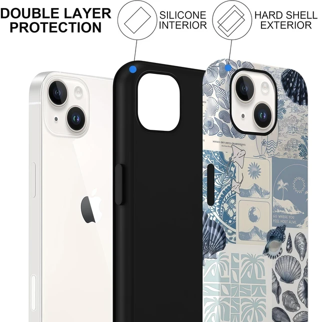 Alt view image 3 of 7 - Cases for iPhone 13, Blue Sea Shell Coast Collage Aesthetic Phone Cover, Scratch Resistant Hybrid 2-Layer Hard Shell Phone Case