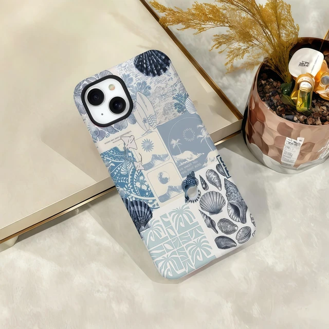 Alt view image 6 of 7 - Cases for iPhone 13, Blue Sea Shell Coast Collage Aesthetic Phone Cover, Scratch Resistant Hybrid 2-Layer Hard Shell Phone Case