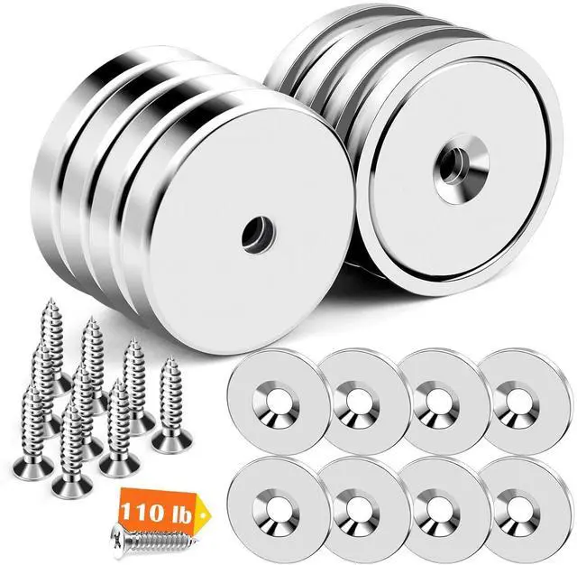 Main image of Strong Mounting Magnets Round with Screws Hole 110LBS 8Pack Silver