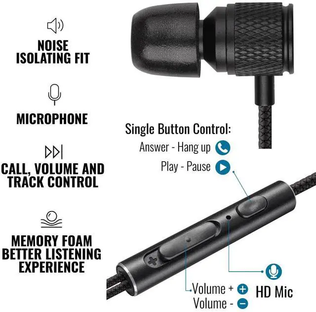 Alt view image 2 of 7 - Ultra Wired Earbuds in-Ear Headphones, 5 Years Warranty, Earphones with Microphone, Noise Isolating Ear Buds, Memory Foam for iPhone, Samsung, School Students, Kids, Women, Small Ears - Black