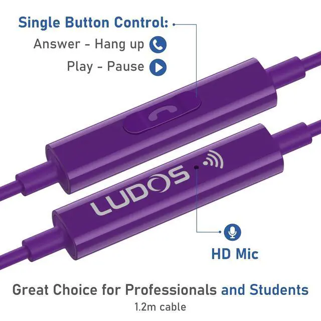 Alt view image 3 of 7 - OMNITONE Wired Earbuds in-Ear Headphones, 5 Year Warranty, Earphones with Microphone, 3.5 mm Jack Corded Ear Buds, Videoconference for iPhone, Samsung, Laptop, Kids, School Students - Purple