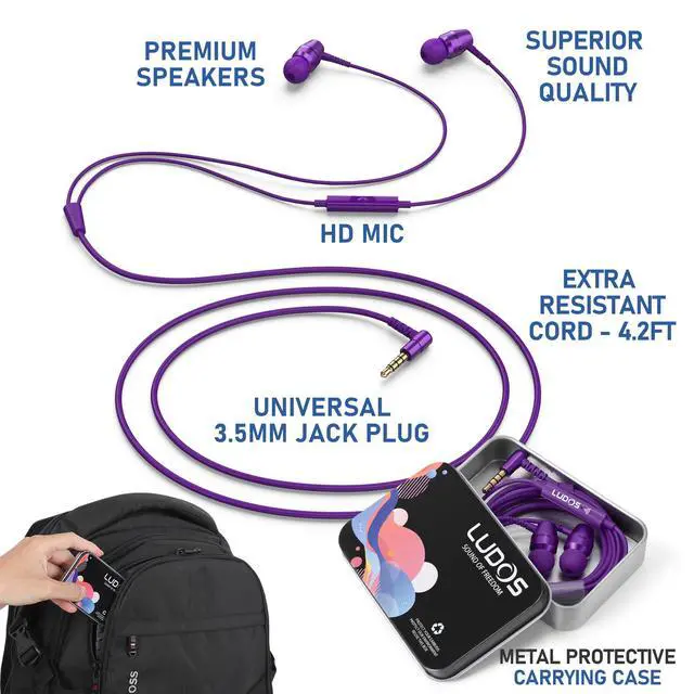 Alt view image 2 of 7 - OMNITONE Wired Earbuds in-Ear Headphones, 5 Year Warranty, Earphones with Microphone, 3.5 mm Jack Corded Ear Buds, Videoconference for iPhone, Samsung, Laptop, Kids, School Students - Purple