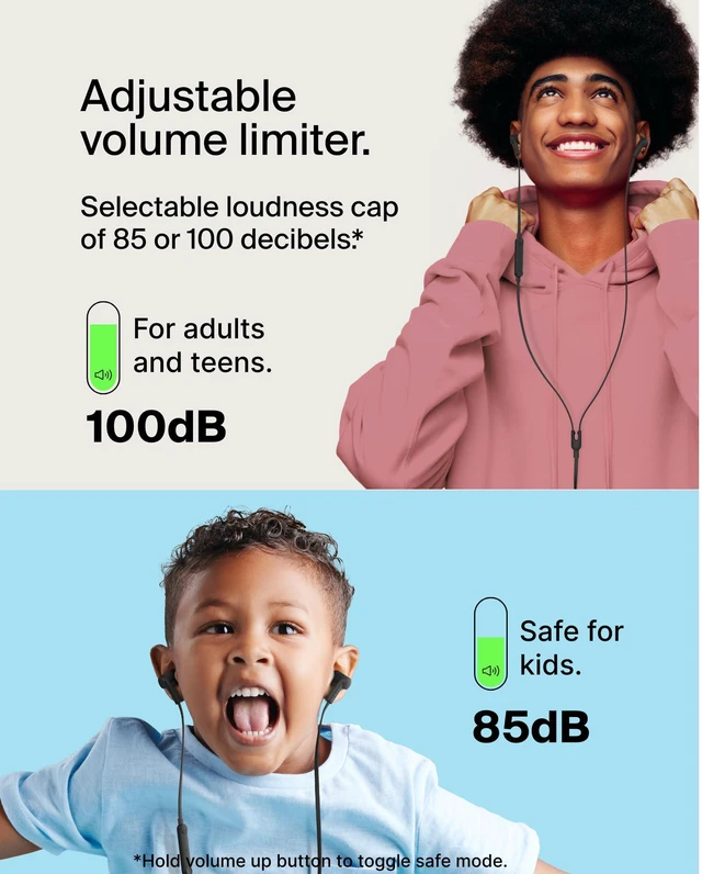 Alt view image 2 of 7 - USB-C Wired Earbuds, Adjustable Volume Limiter, IPX5 In-ear headphones for kids and adults, 85-100dB safe sound, flat tangle-free cable, school, travel, USB-C devices