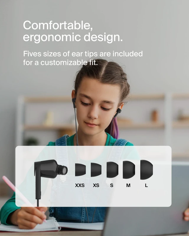 Alt view image 7 of 7 - USB-C Wired Earbuds, Adjustable Volume Limiter, IPX5 In-ear headphones for kids and adults, 85-100dB safe sound, flat tangle-free cable, school, travel, USB-C devices