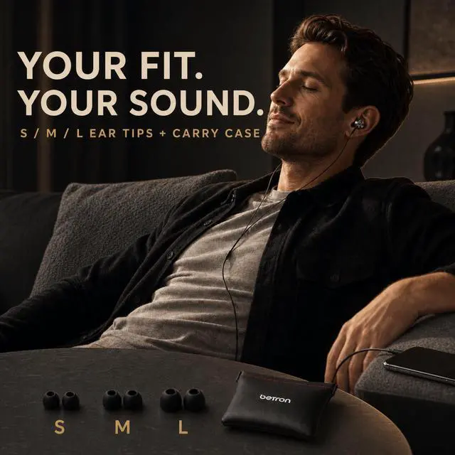 Alt view image 3 of 7 - BS10 Earphones Wired Earbud Headphones with 3.5mm Jack, Black | 12mm Bass Driver, Comfortable S/M/L Ear Buds and Case included, Secure Fit, Tangle-Free Cord, No Mic