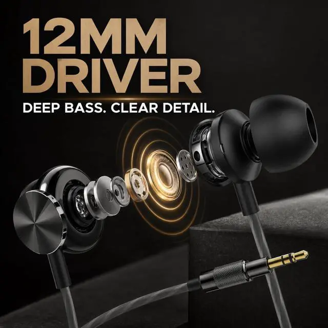 Alt view image 2 of 7 - BS10 Earphones Wired Earbud Headphones with 3.5mm Jack, Black | 12mm Bass Driver, Comfortable S/M/L Ear Buds and Case included, Secure Fit, Tangle-Free Cord, No Mic