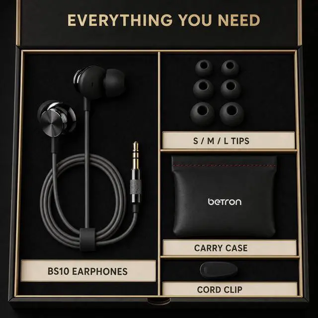 Alt view image 7 of 7 - BS10 Earphones Wired Earbud Headphones with 3.5mm Jack, Black | 12mm Bass Driver, Comfortable S/M/L Ear Buds and Case included, Secure Fit, Tangle-Free Cord, No Mic