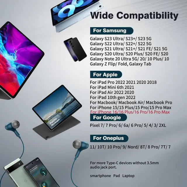 Alt view image 7 of 7 - USB C Headphones for iPhone 17 16 15/Galaxy S26 Wired Earbud Blue