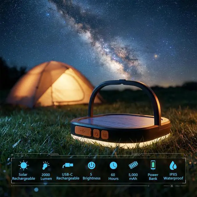 Alt view image 2 of 7 - LED Camping Lantern, Solar Lanterns, 5000mAh Rechargeable Light 2000 Lumens 5 Light Modes, IP65 Waterproof with USB Charging Lanterns for Power outages Hurricane, Hiking, Fish, Emergency, and Home
