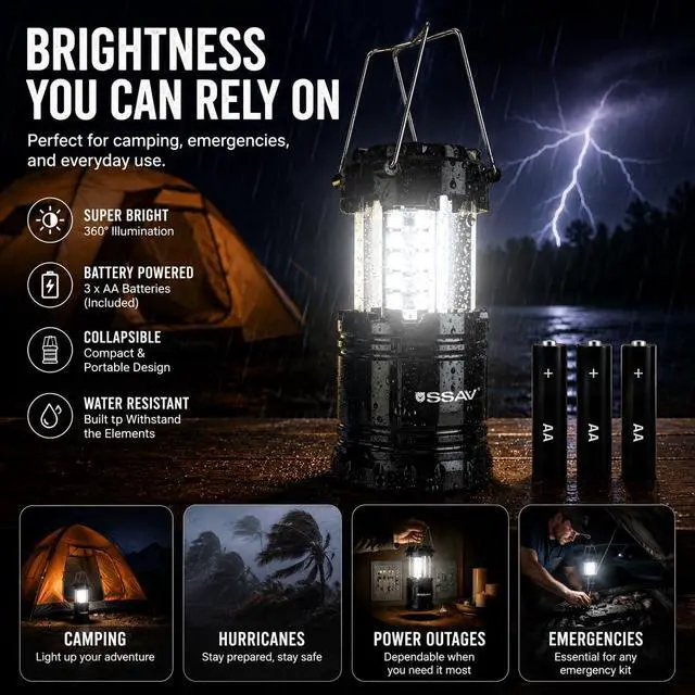 Alt view image 2 of 7 - 2 Pack LED Camping Lantern, Emergency Lanterns for Power Outages & Hurricane Preparedness, Collapsible Portable Survival Lights for Camping, Storms & Emergencies (Batteries Included, Black)
