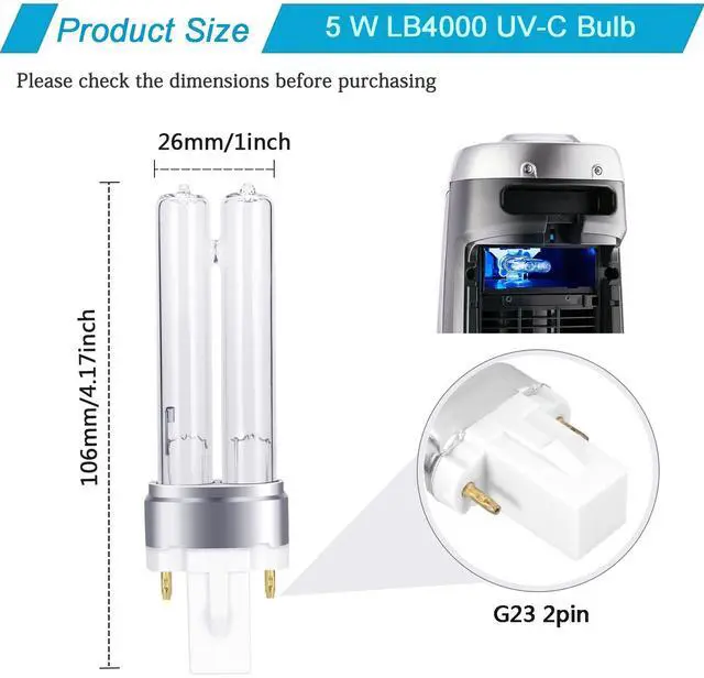 Alt view image 4 of 6 - 2 Pack 5W Replacement Bulb for Germ Guardian Air Purifiers LB4000, AC4300BPTCA, AC4825, AC4850PT & AC4900CA