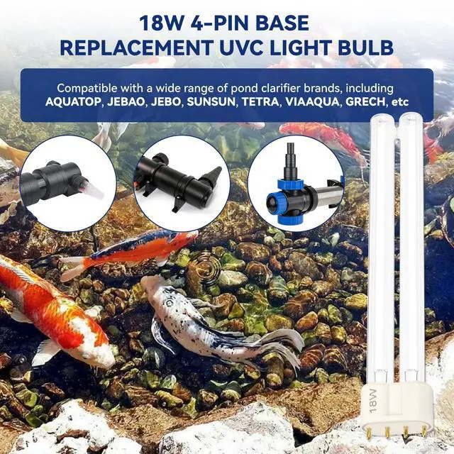 Alt view image 2 of 7 - 18W 4-Pin Base UV-C Light Bulb Replacement for Pond Clarifier, Outdoor Ponds, Fish Tank, Koi Pond & Water Garden, 18 Watts UV Light Bulb, 2 Pack