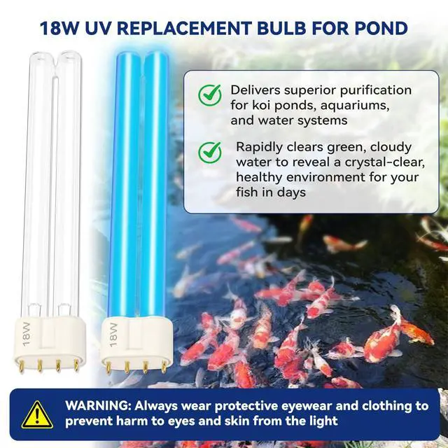Alt view image 6 of 7 - 18W 4-Pin Base UV-C Light Bulb Replacement for Pond Clarifier, Outdoor Ponds, Fish Tank, Koi Pond & Water Garden, 18 Watts UV Light Bulb, 2 Pack