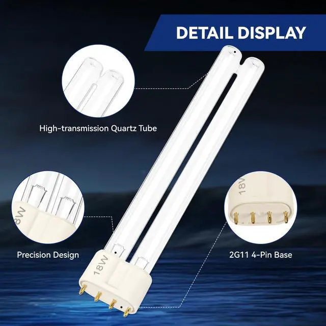 Alt view image 7 of 7 - 18W 4-Pin Base UV-C Light Bulb Replacement for Pond Clarifier, Outdoor Ponds, Fish Tank, Koi Pond & Water Garden, 18 Watts UV Light Bulb, 2 Pack