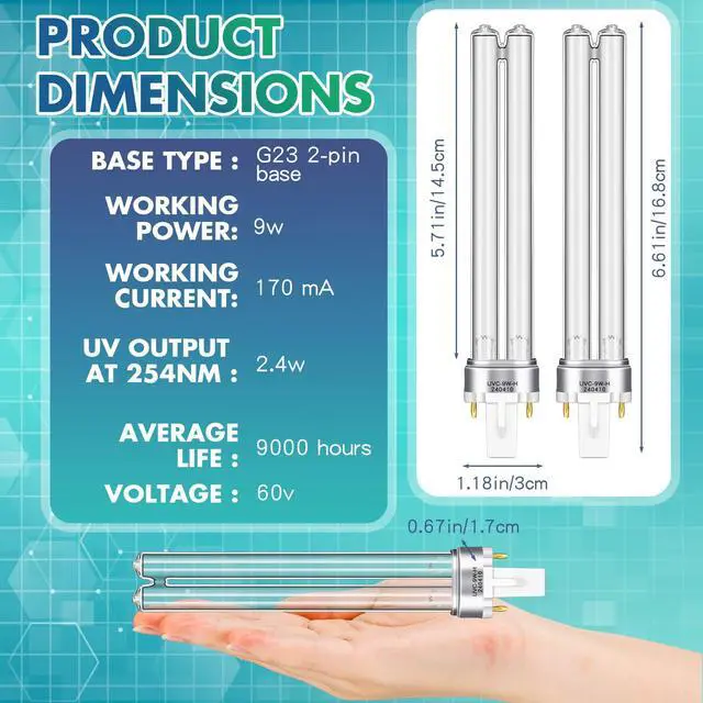 Alt view image 2 of 7 - 2 Pcs 9 Watt UV Bulb Replacement for Pond Filter Aquarium G23 Base Replacement Light Bulb Compatible with UVC Pl-S TUV Germicidal Light