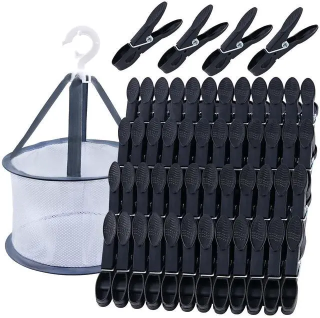 Main image of 48 Pcs Black Plastic Clothes Pins with Clothespin Bag, Clothespins Basket Heavy Duty Laundry Clothes Pins Clips with Springs, Clothes Drying Line Pegs Towel Clips Picture Clips Food Clips